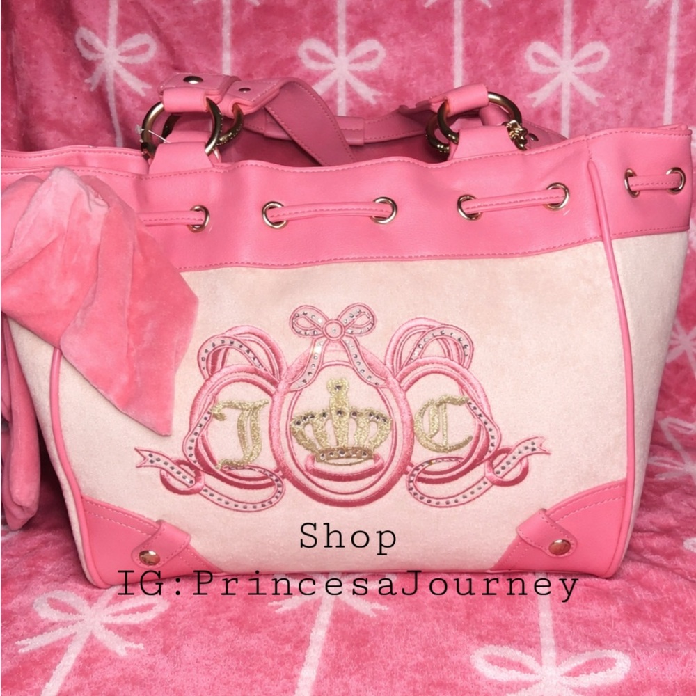 Juicy Couture Pink Regal Crown Bow Drawstring Shoulder Bag